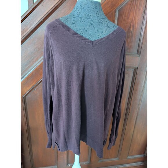 Loft Outlet Plum Mixed Media Sweater Top Size L Lightweight Knit & Sheer Back Wo - Picture 1 of 7